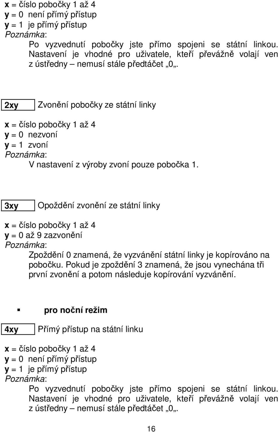 2xy Zvonění pobočky ze státní linky x = číslo pobočky 1 až 4 y = 0 nezvoní y = 1 zvoní V nastavení z výroby zvoní pouze pobočka 1.