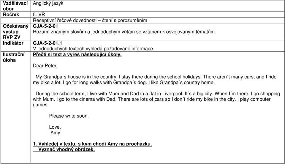 Přečti si text a vyřeš následující úkoly. Dear Peter, My Grandpa s house is in the country. I stay there during the school holidays. There aren t many cars, and I ride my bike a lot.