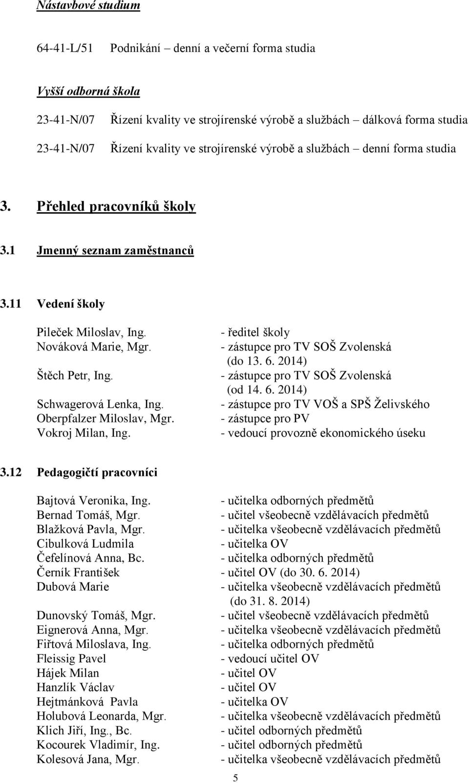 Schwagerová Lenka, Ing. Oberpfalzer Miloslav, Mgr. Vokroj Milan, Ing. - ředitel školy - zástupce pro TV SOŠ Zvolenská (do 13. 6.