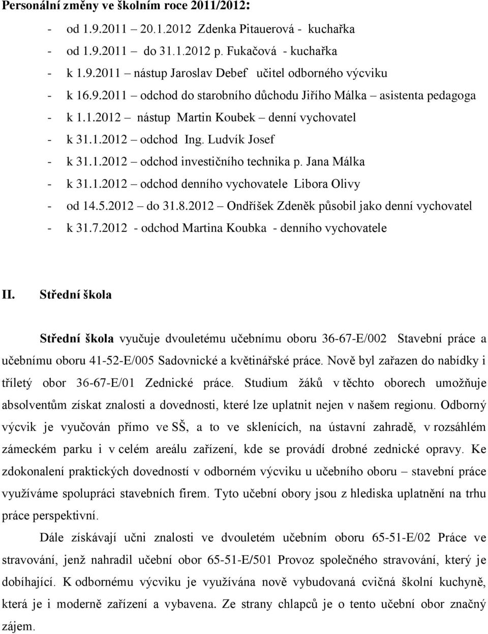 Jana Málka - k 31.1.2012 odchod denního vychovatele Libora Olivy - od 14.5.2012 do 31.8.2012 Ondříšek Zdeněk působil jako denní vychovatel - k 31.7.