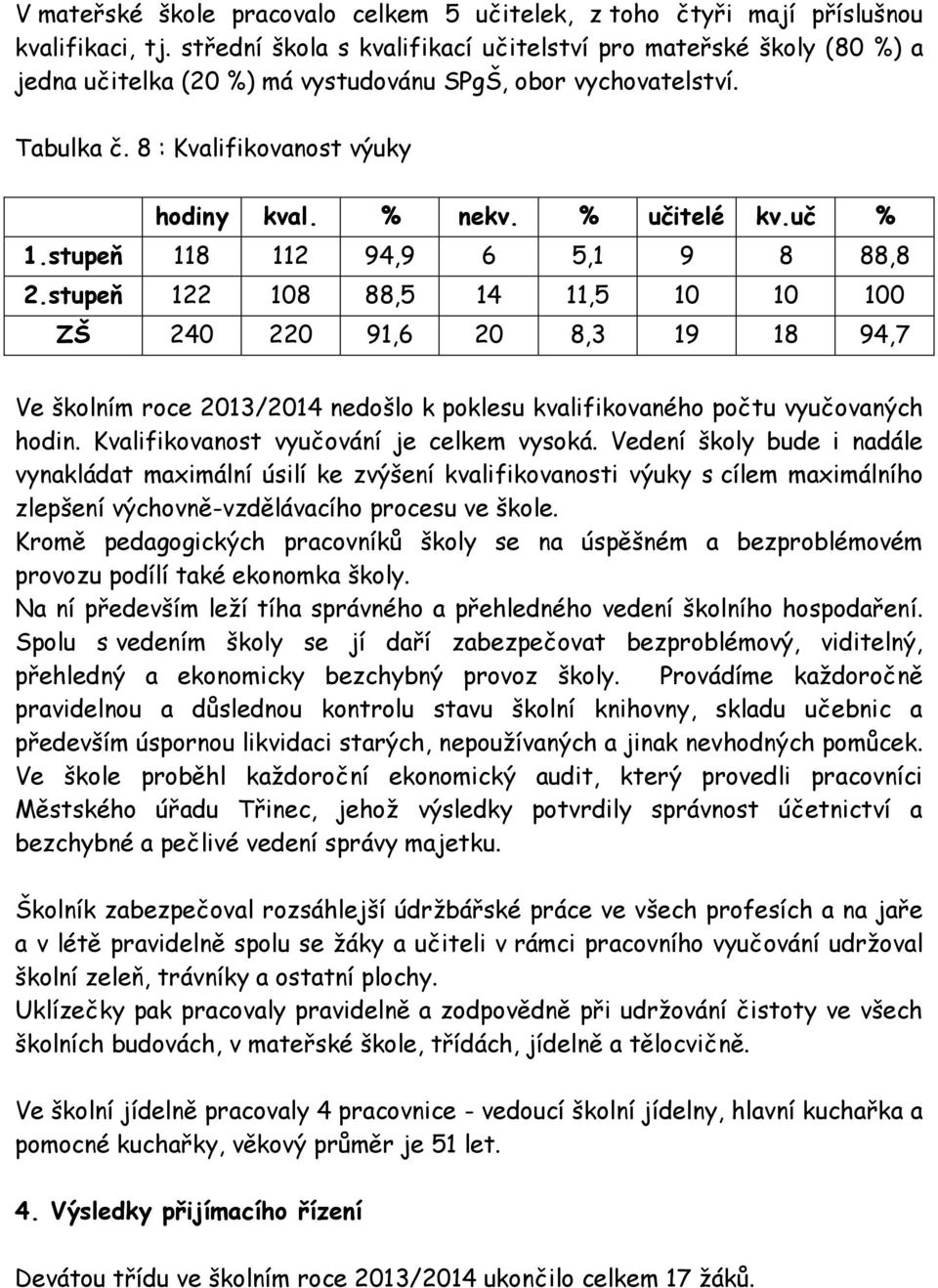 % učitelé kv.uč % 1.stupeň 118 112 94,9 6 5,1 9 8 88,8 2.