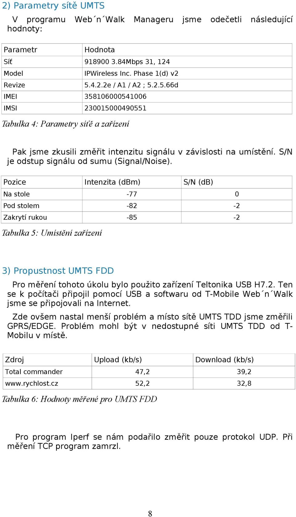 Pozice Intenzita (dbm) S/N (db) Na stole -77 0 Pod stolem -82-2 Zakrytí rukou -85-2 Tabulka 5: Umístění zařízení 3) Propustnost UMTS FDD Pro měření tohoto úkolu bylo použito zařízení Teltonika USB H7.