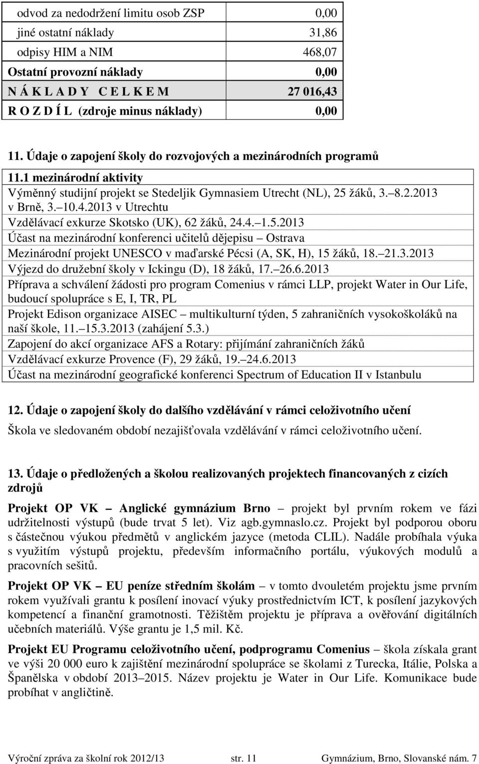 2013 v Utrechtu Vzdělávací exkurze Skotsko (UK), 62 žáků, 24.4. 1.5.2013 Účast na mezinárodní konferenci učitelů dějepisu Ostrava Mezinárodní projekt UNESCO v maďarské Pécsi (A, SK, H), 15 žáků, 18.