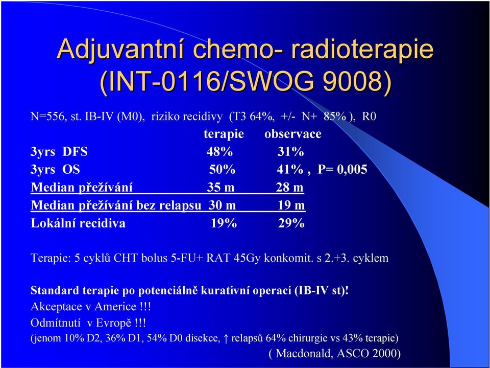 m 28 m Median p ežívání bez relapsu 30 m 19 m Lokální recidiva 19% 29% Terapie: 5 cykl CHT bolus 5-FU+ RAT 45Gy konkomit. s 2.+3.