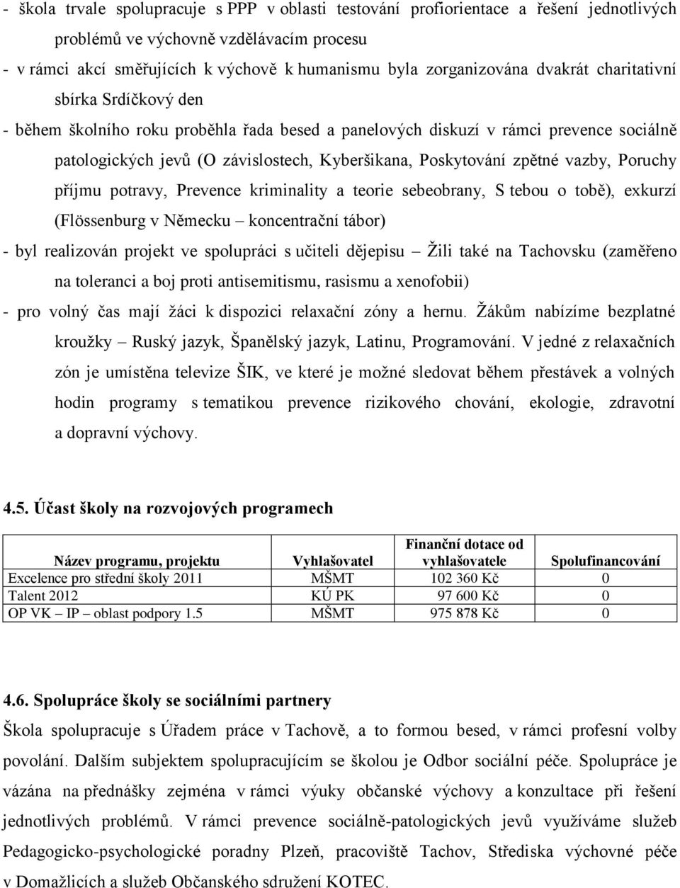 vazby, Poruchy příjmu potravy, Prevence kriminality a teorie sebeobrany, S tebou o tobě), exkurzí (Flössenburg v Německu koncentrační tábor) - byl realizován projekt ve spolupráci s učiteli dějepisu