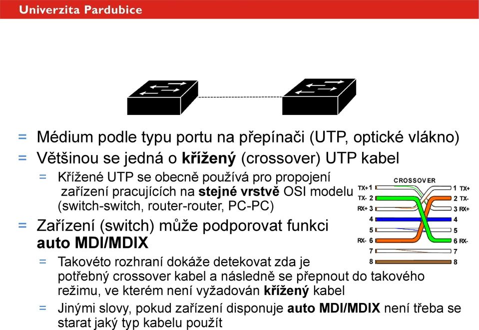 může podporovat funkci auto MDI/MDIX = Takovéto rozhraní dokáže detekovat zda je potřebný crossover kabel a následně se přepnout do takového