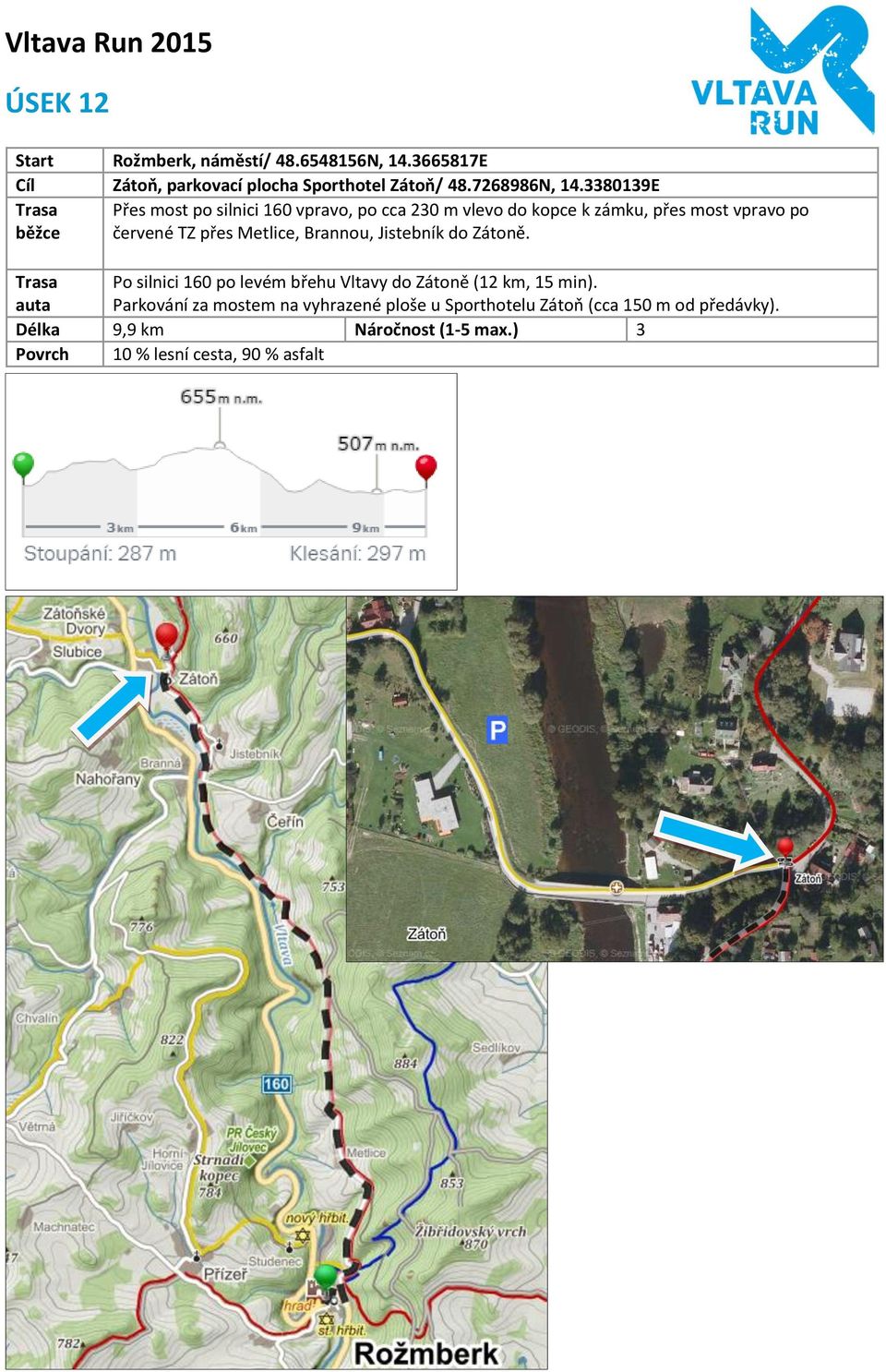 Brannou, Jistebník do Zátoně. Po silnici 160 po levém břehu Vltavy do Zátoně (12 km, 15 min).