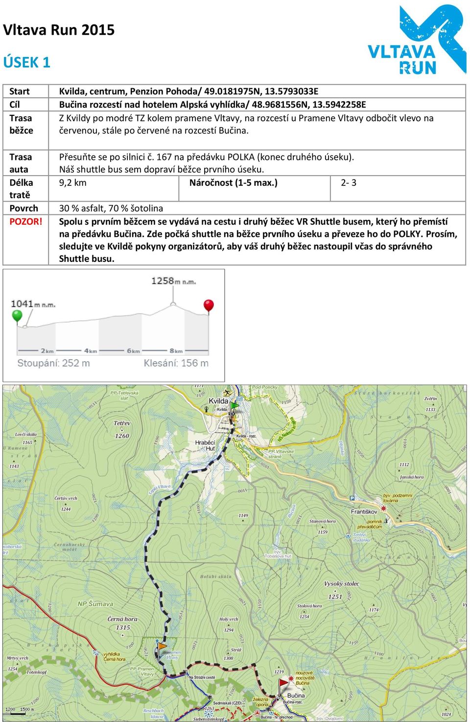 Přesuňte se po silnici č. 167 na předávku POLKA (konec druhého úseku). Náš shuttle bus sem dopraví prvního úseku. 9,2 km Náročnost (1-5 max.