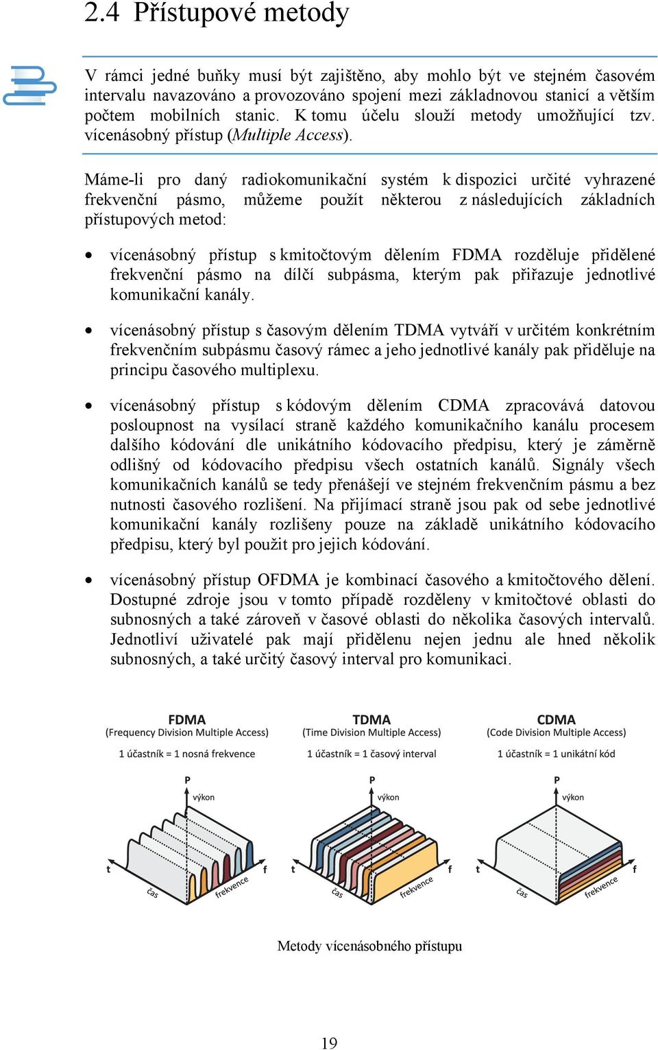 Máme-li pro daný radiokomunikační systém k dispozici určité vyhrazené frekvenční pásmo, můžeme použít některou z následujících základních přístupových metod: vícenásobný přístup s kmitočtovým dělením