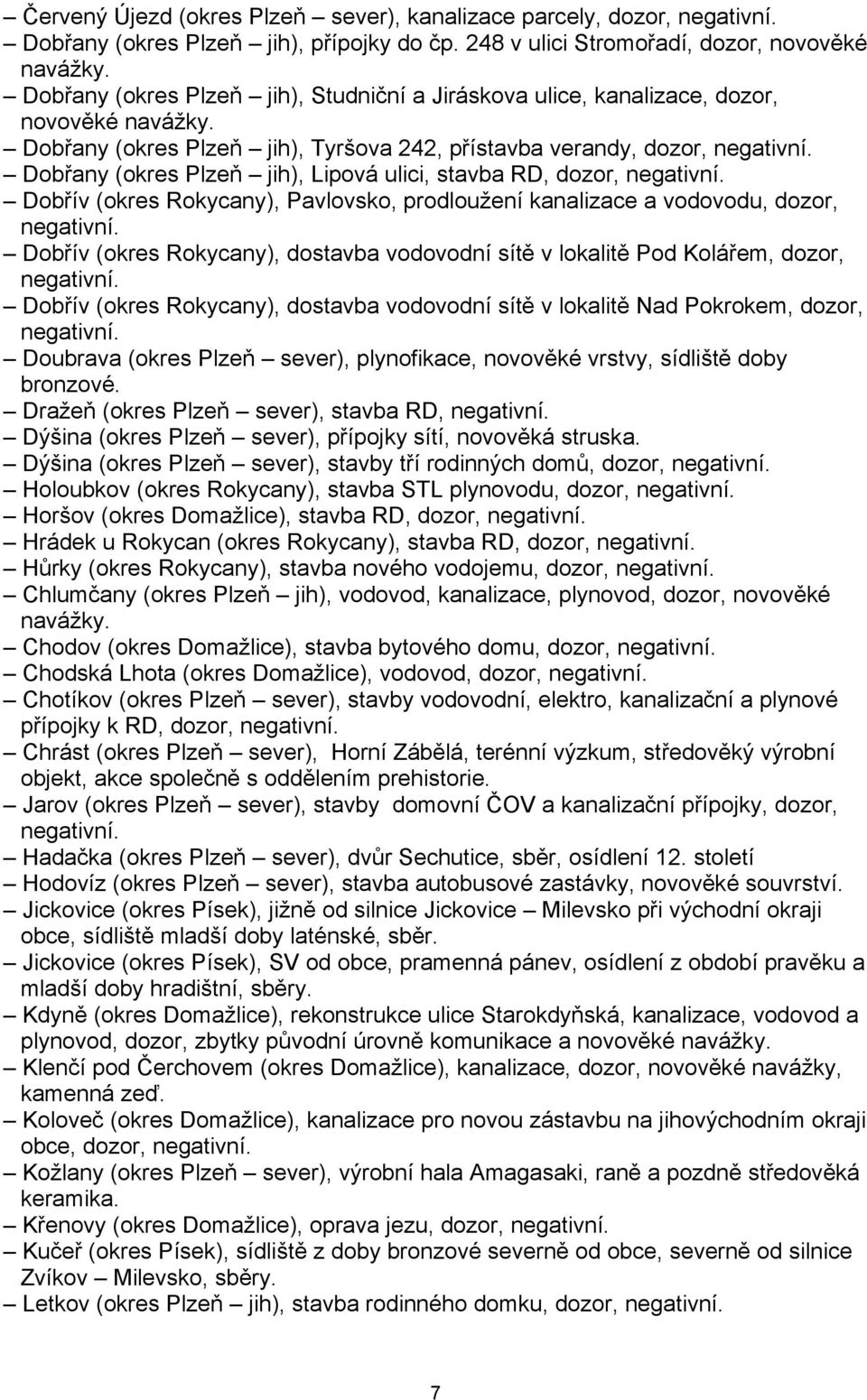 Dobřany (okres Plzeň jih), Lipová ulici, stavba RD, dozor, negativní. Dobřív (okres Rokycany), Pavlovsko, prodloužení kanalizace a vodovodu, dozor, negativní.