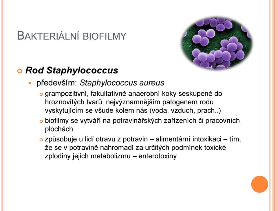 .) biofilmy se vytváří na potravinářských zařízeních či pracovních plochách způsobuje u lidí otravu z potravin