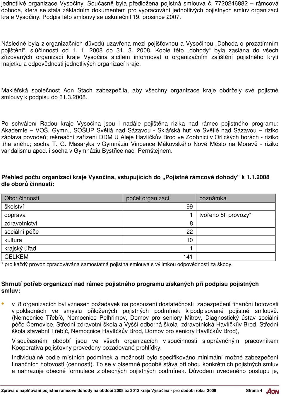 Následně byla z organizačních důvodů uzavřena mezi pojišťovnou a Vysočinou Dohoda o prozatímním pojištění, s účinností od 1. 1. 2008 