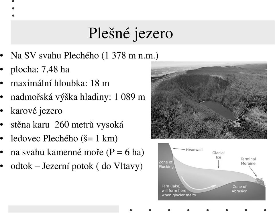 hladiny: 1 089 m karové jezero stěna karu 260 metrů vysoká