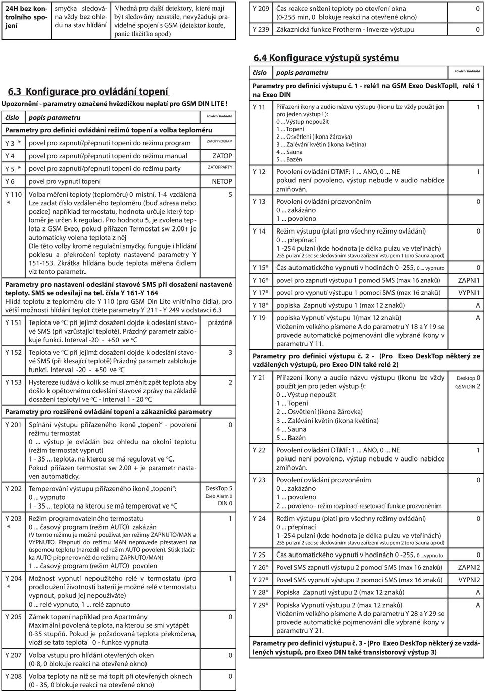 4 Konfigurace výstupů systému číslo popis parametru tovární hodnota 6.3 Konfigurace pro ovládání topení Upozornění - parametry označené hvězdičkou neplatí pro GSM DIN LITE!
