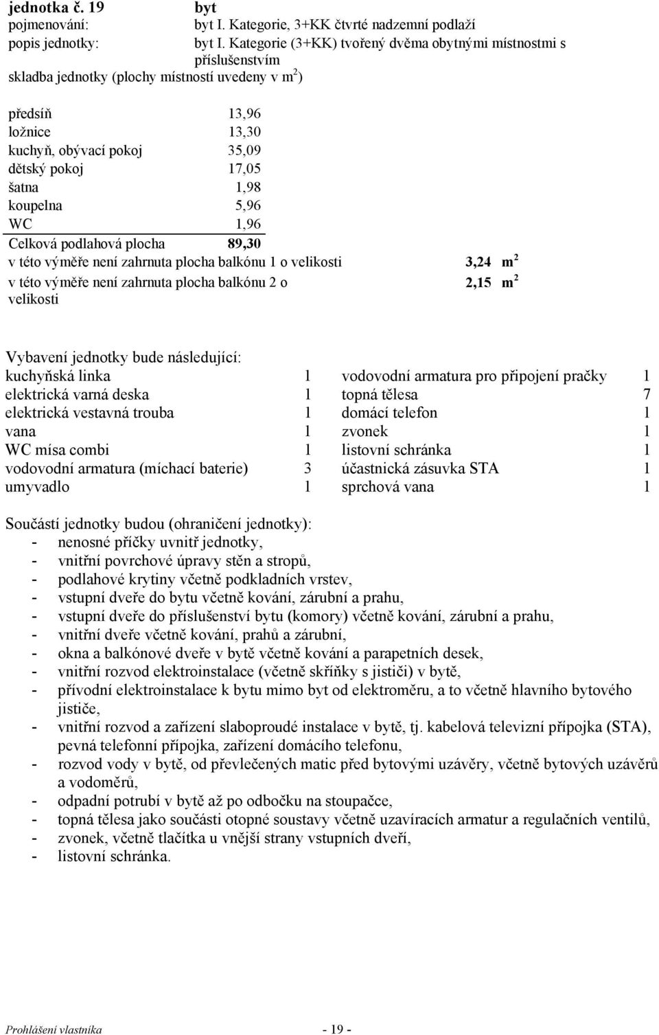 1,98 koupelna 5,96 WC 1,96 Celková podlahová plocha 89,30 v této výměře není zahrnuta plocha balkónu 1 o velikosti 3,24 m 2 v této výměře není