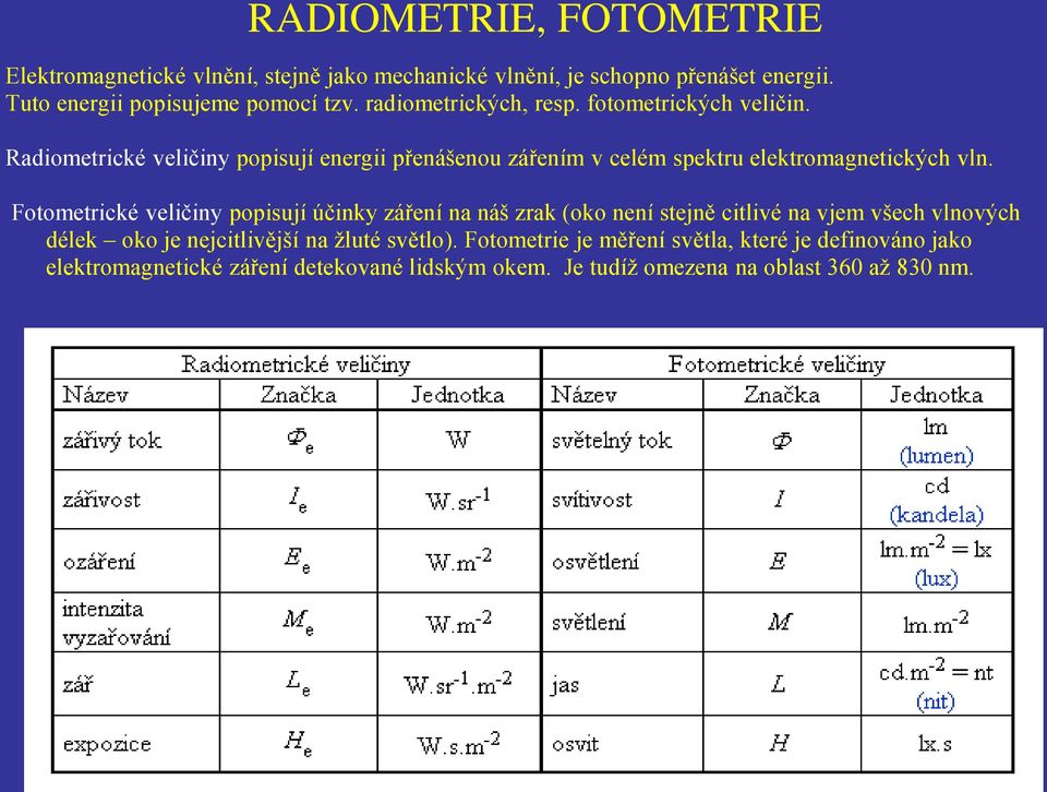 Fotometrické veličiny popisují účinky záření na náš zrak (oko není stejně citlivé na vjem všech vlnových délek oko je nejcitlivější na žluté