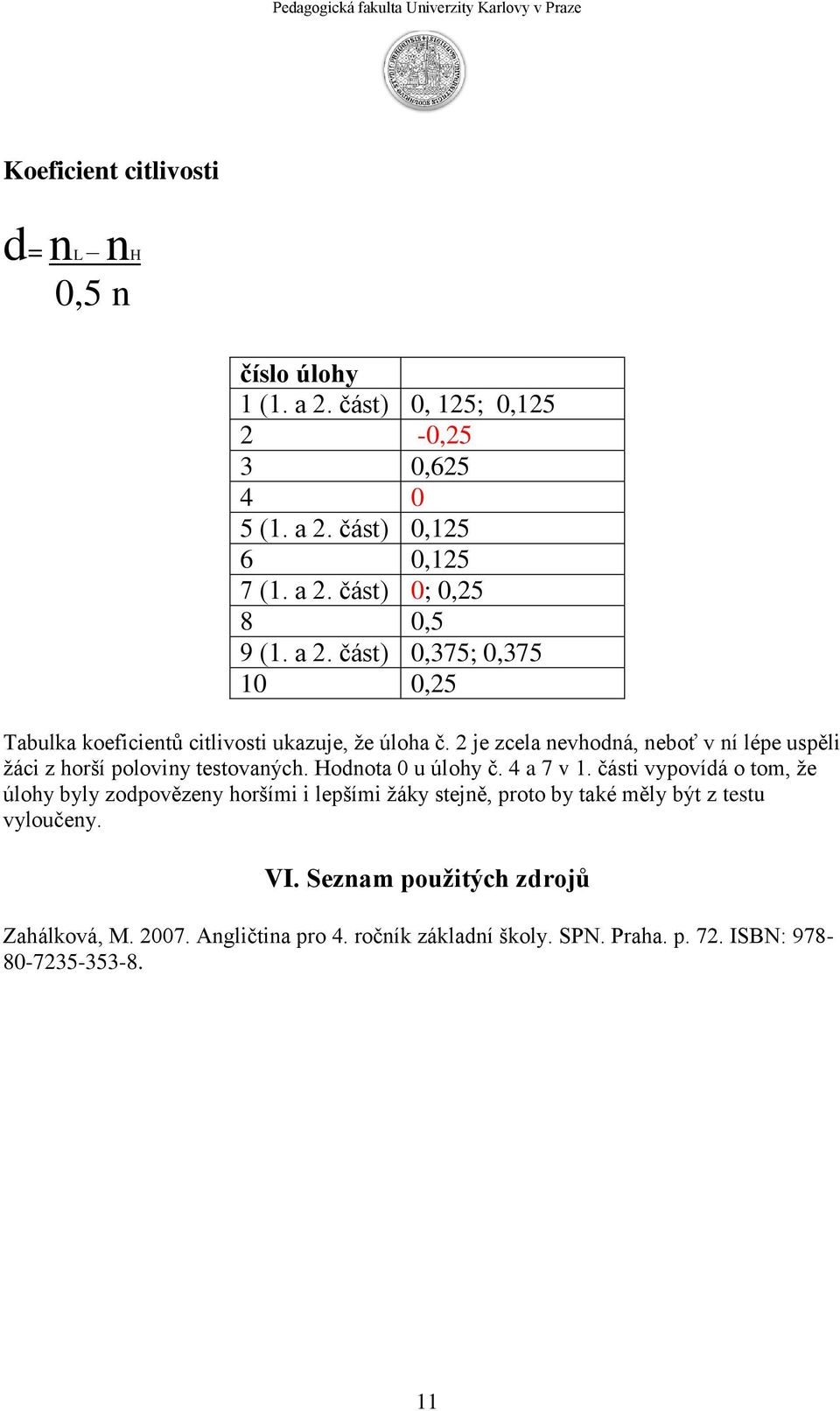 2 je zcela nevhodná, neboť v ní lépe uspěli žáci z horší poloviny testovaných. Hodnota 0 u úlohy č. 4 a 7 v 1.