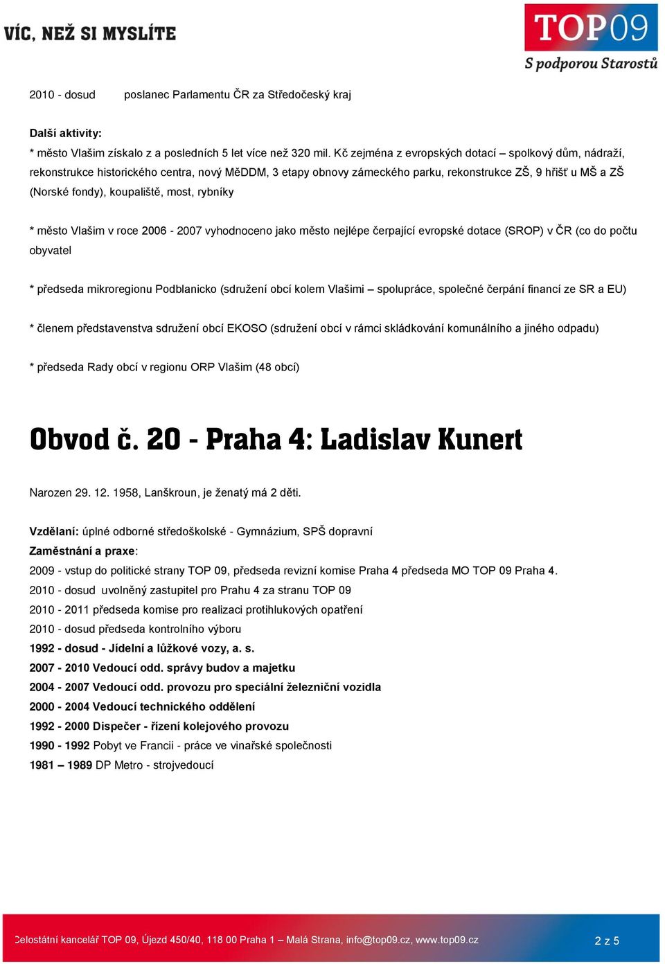 most, rybníky * město Vlašim v roce 2006-2007 vyhodnoceno jako město nejlépe čerpající evropské dotace (SROP) v ČR (co do počtu obyvatel * předseda mikroregionu Podblanicko (sdružení obcí kolem