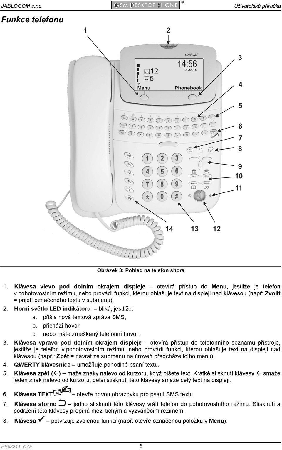 přijetí označeného textu v submenu). 2. Horní světlo LED indikátoru bliká, jestliže: a. přišla nová textová zpráva SMS, b. přichází hovor c. nebo máte zmeškaný telefonní hovor. 3.