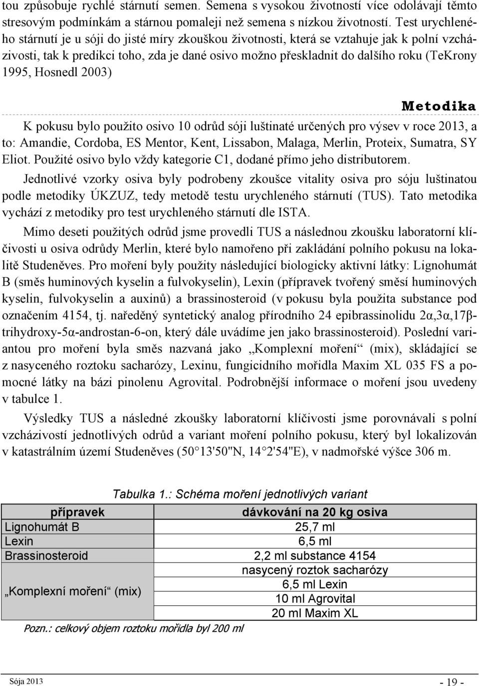 1995, Hosnedl 2003) Metodika K pokusu bylo použito osivo 10 odrůd sóji luštinaté určených pro výsev v roce 2013, a to: Amandie, Cordoba, ES Mentor, Kent, Lissabon, Malaga, Merlin, Proteix, Sumatra,