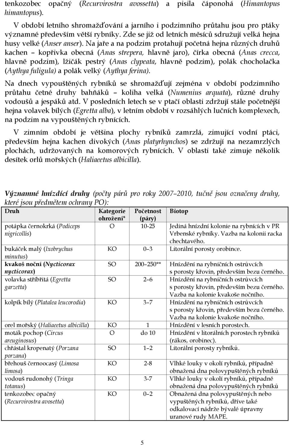 Na jaře a na podzim protahují početná hejna různých druhů kachen kopřivka obecná (Anas strepera, hlavně jaro), čírka obecná (Anas crecca, hlavně podzim), lžičák pestrý (Anas clypeata, hlavně podzim),