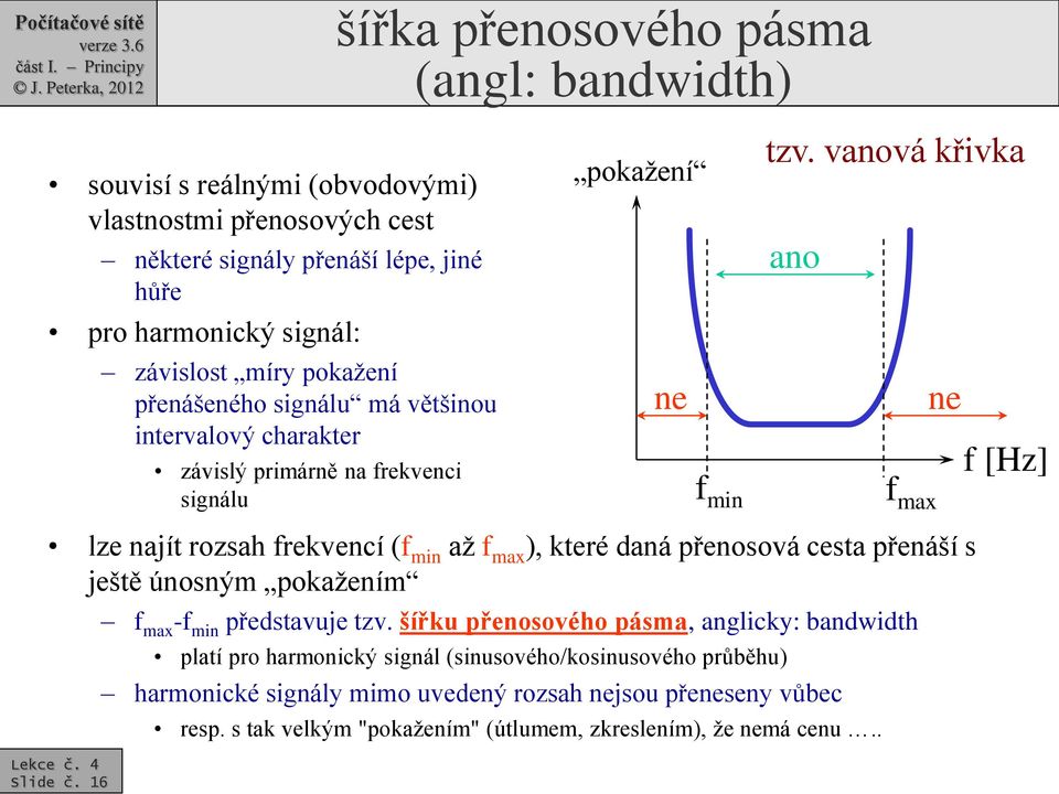 vanová křivka ano ne f max f [Hz] lze najít rozsah frekvencí (f min až f max ), které daná přenosová cesta přenáší s ještě únosným pokažením Slide č. 16 f max -f min představuje tzv.