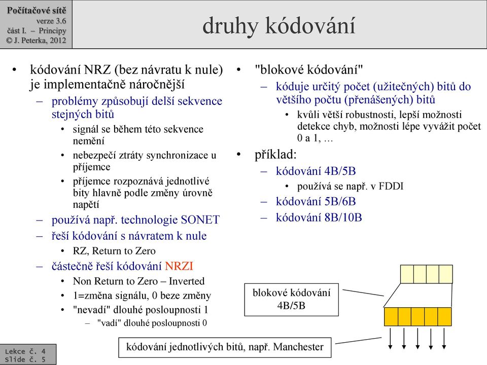 technologie SONET řeší kódování s návratem k nule RZ, Return to Zero částečně řeší kódování NRZI Non Return to Zero Inverted 1=změna signálu, 0 beze změny "nevadí" dlouhé posloupnosti 1 "vadí" dlouhé