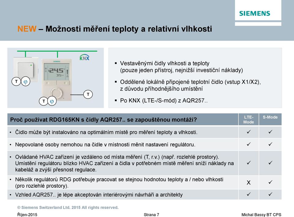 LTE- Mode S-Mode Čidlo může být instalováno na optimálním místě pro měření teploty a vlhkosti. Nepovolané osoby nemohou na čidle v místnosti měnit nastavení regulátoru.