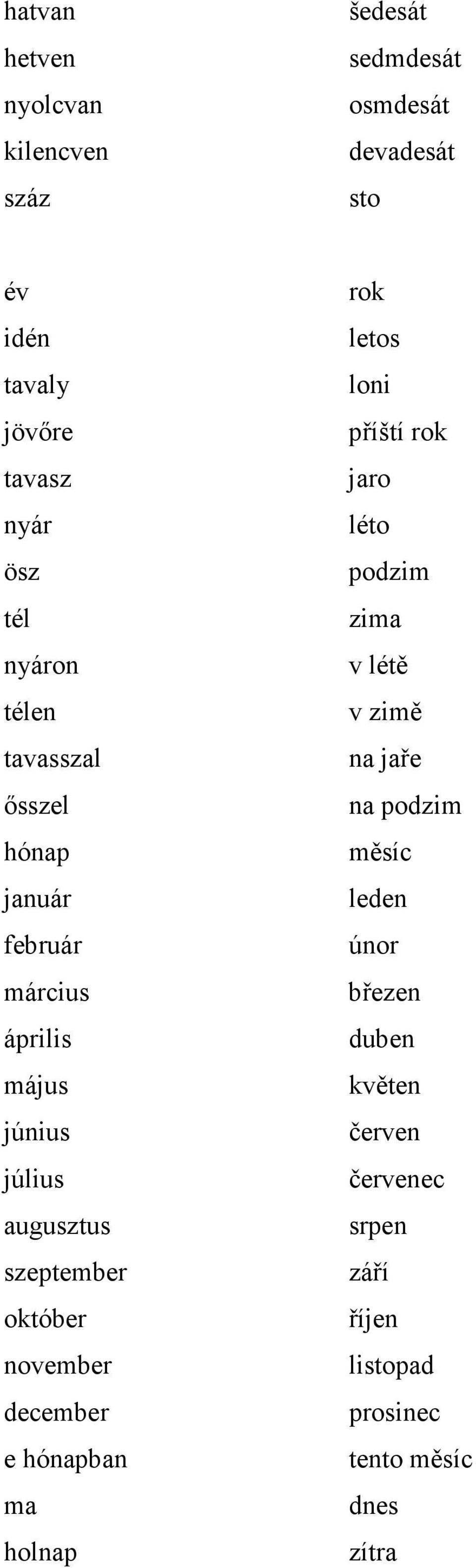 október november december e hónapban ma holnap rok letos loni příští rok jaro léto podzim zima v létě v zimě na jaře