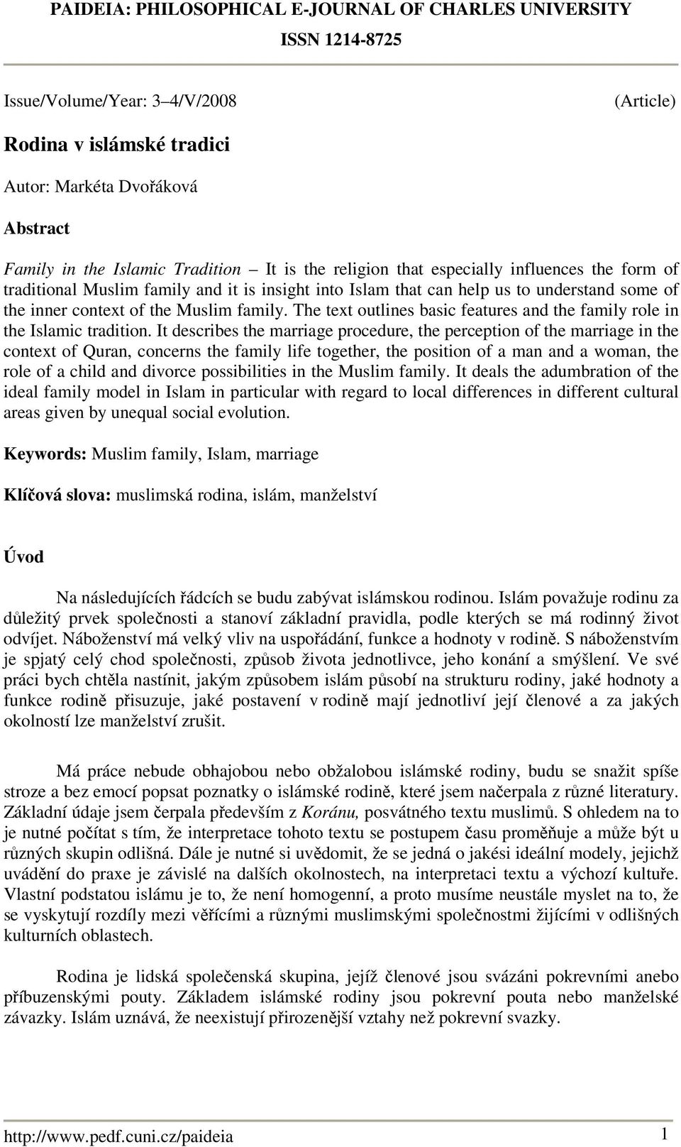 The text outlines basic features and the family role in the Islamic tradition.