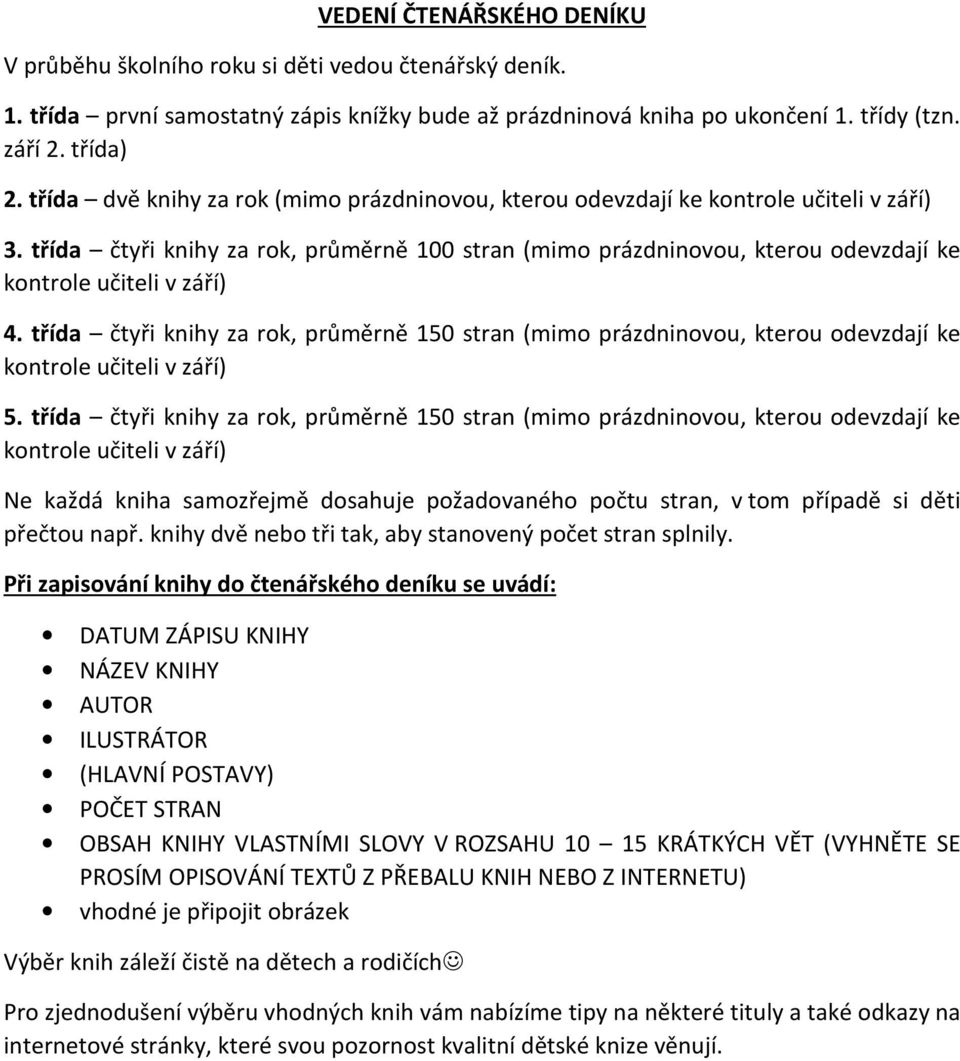 třída čtyři knihy za rok, průměrně 150 stran (mimo prázdninovou, kterou odevzdají ke 5.