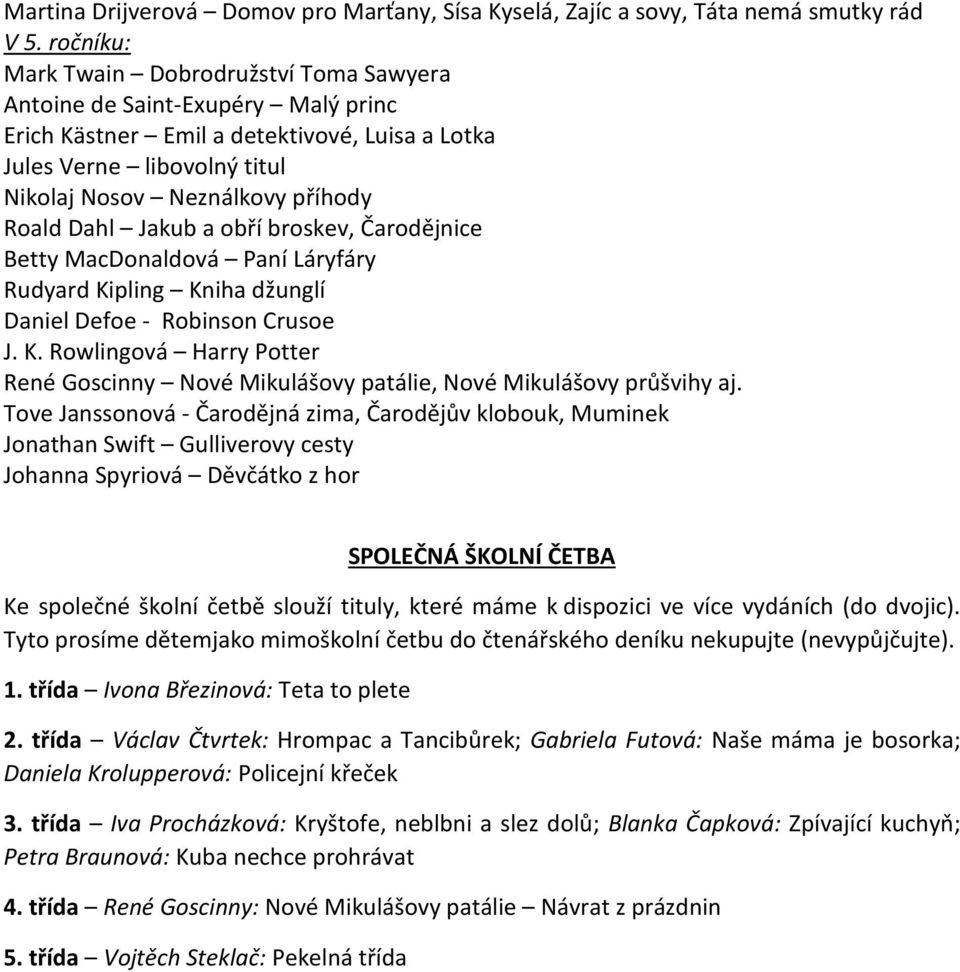 Dahl Jakub a obří broskev, Čarodějnice Betty MacDonaldová Paní Láryfáry Rudyard Kipling Kniha džunglí Daniel Defoe - Robinson Crusoe J. K. Rowlingová Harry Potter René Goscinny Nové Mikulášovy patálie, Nové Mikulášovy průšvihy aj.