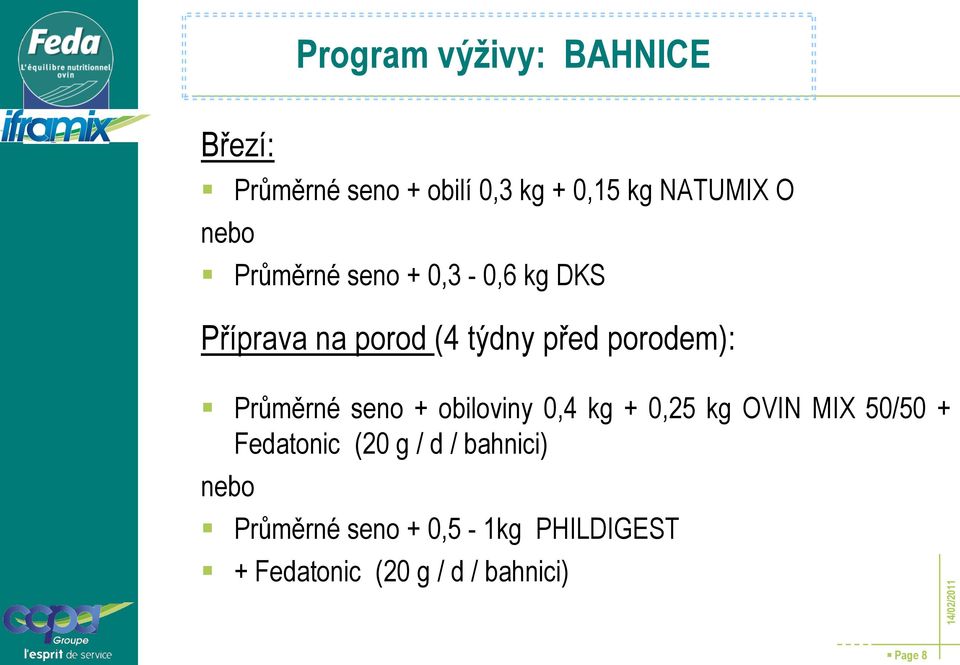 Průměrné seno + obiloviny 0,4 kg + 0,25 kg OVIN MIX 50/50 + Fedatonic (20 g / d /