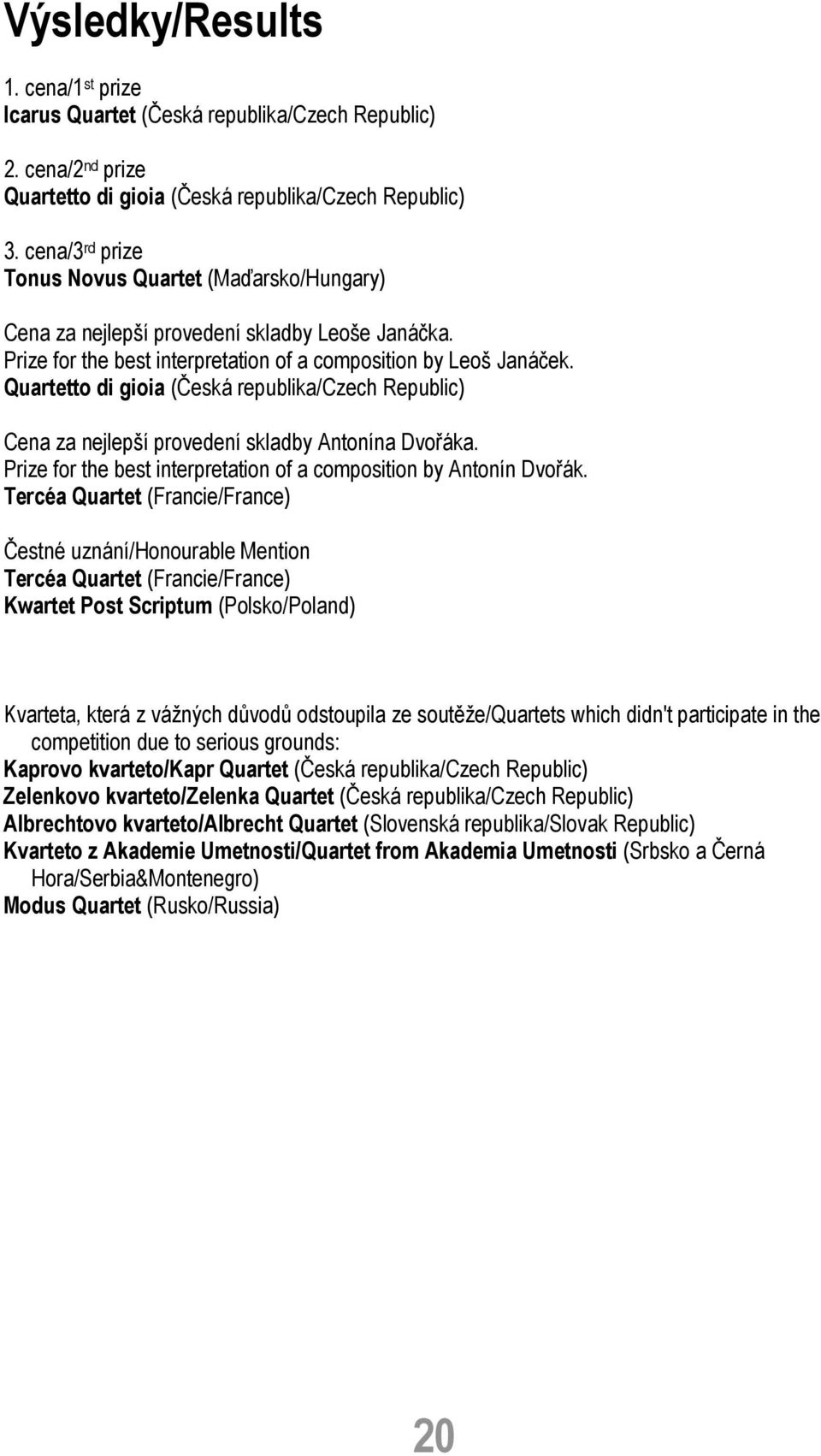 Quartetto di gioia (Česká republika/czech Republic) Cena za nejlepší provedení skladby Antonína Dvořáka. Prize for the best interpretation of a composition by Antonín Dvořák.