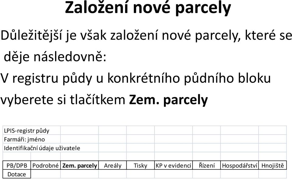 Zem. parcely LPIS registr půdy Farmáři: jméno Identifikační údaje uživatele