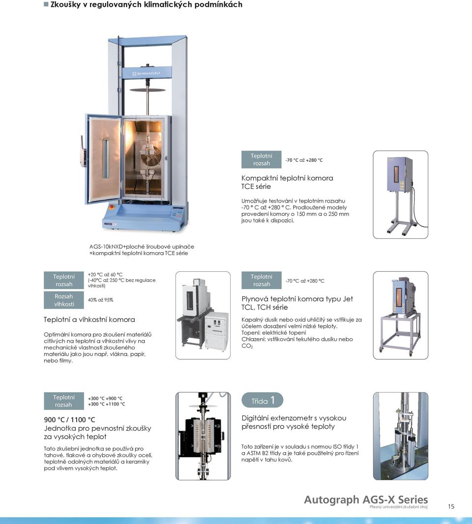 AGS-10kNXD+ploché šroubové upínače +kompaktní teplotní komora TCE série Teplotní rozsah Rozsah vlhkosti +20 C až 60 C (-40 C až 250 C bez regulace vlhkosti) 40% až 95% Teplotní a vlhkostní komora
