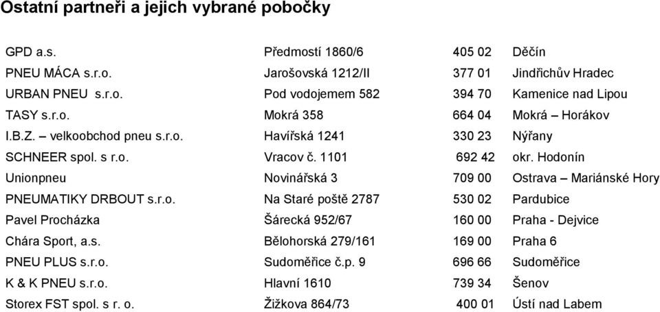 Hodonín Unionpneu Novinářská 3 709 00 Ostrava Mariánské Hory PNEUMATIKY DRBOUT s.r.o. Na Staré poště 2787 530 02 Pardubice Pavel Procházka Šárecká 952/67 160 00 Praha - Dejvice Chára Sport, a.