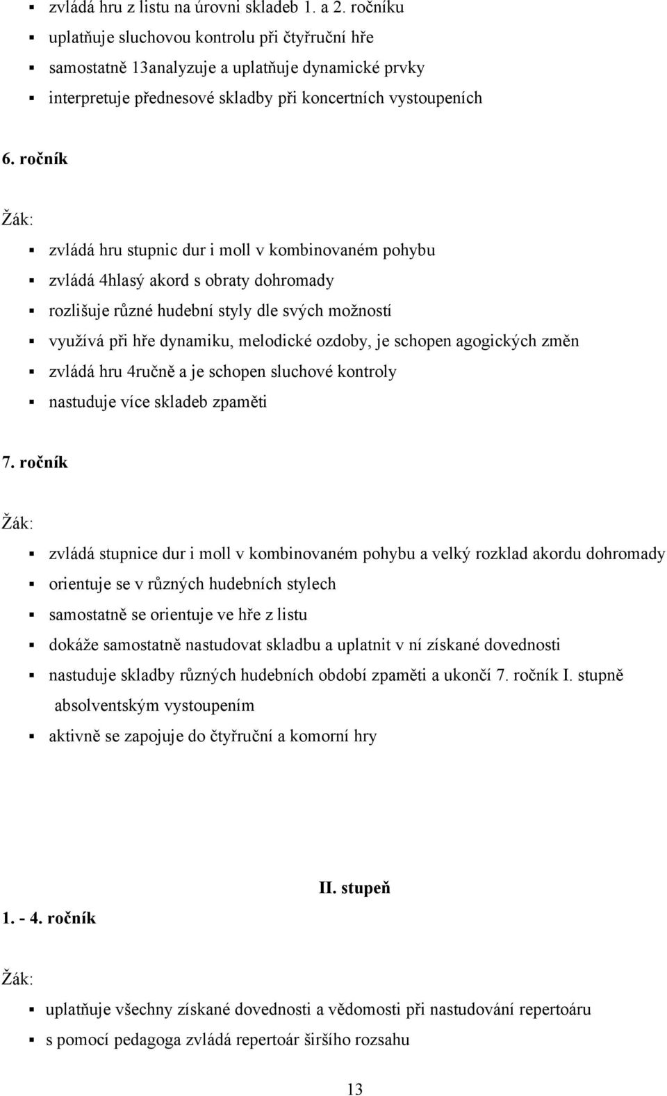 ročník zvládá hru stupnic dur i moll v kombinovaném pohybu zvládá 4hlasý akord s obraty dohromady rozlišuje různé hudební styly dle svých možností využívá při hře dynamiku, melodické ozdoby, je