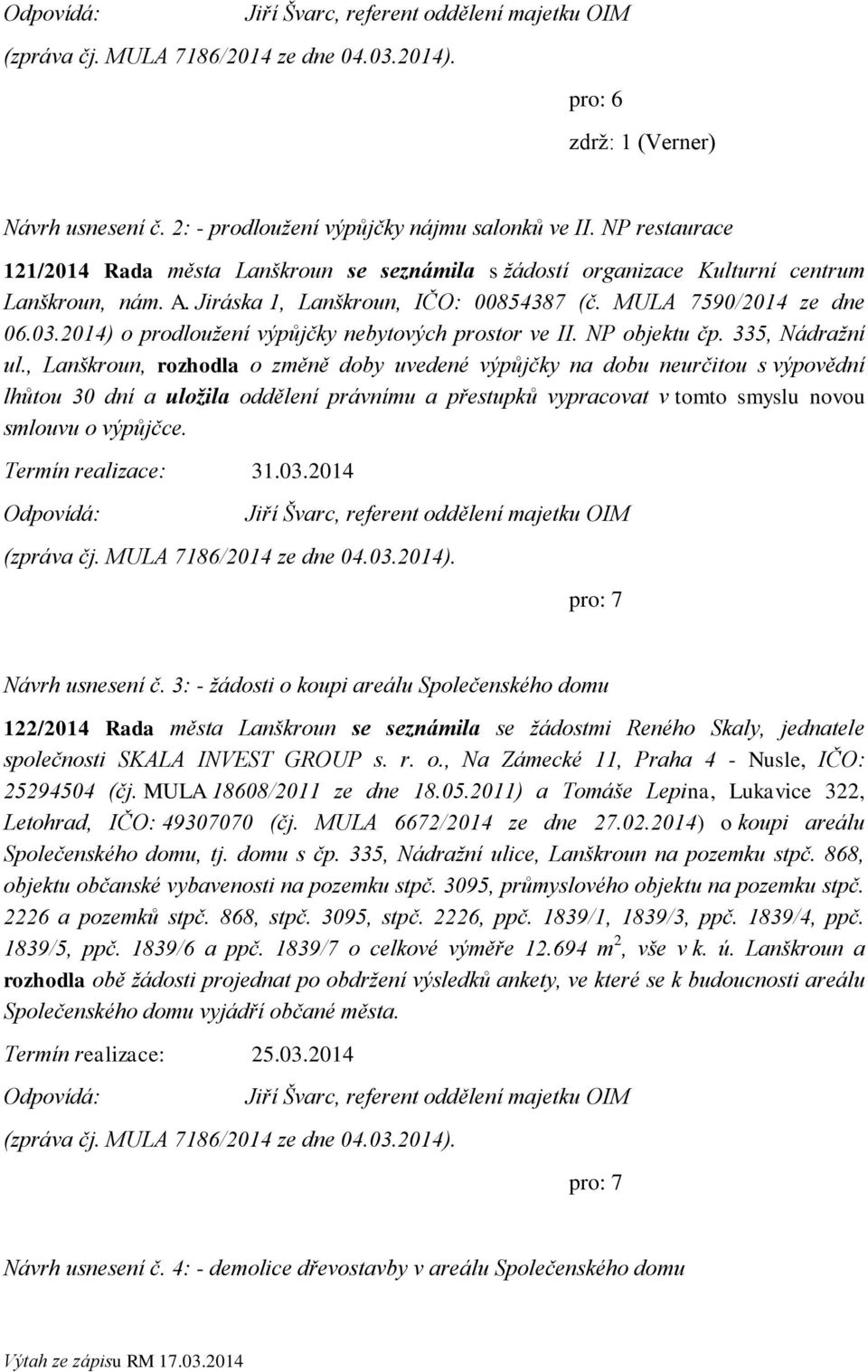 2014) o prodloužení výpůjčky nebytových prostor ve II. NP objektu čp. 335, Nádražní ul.