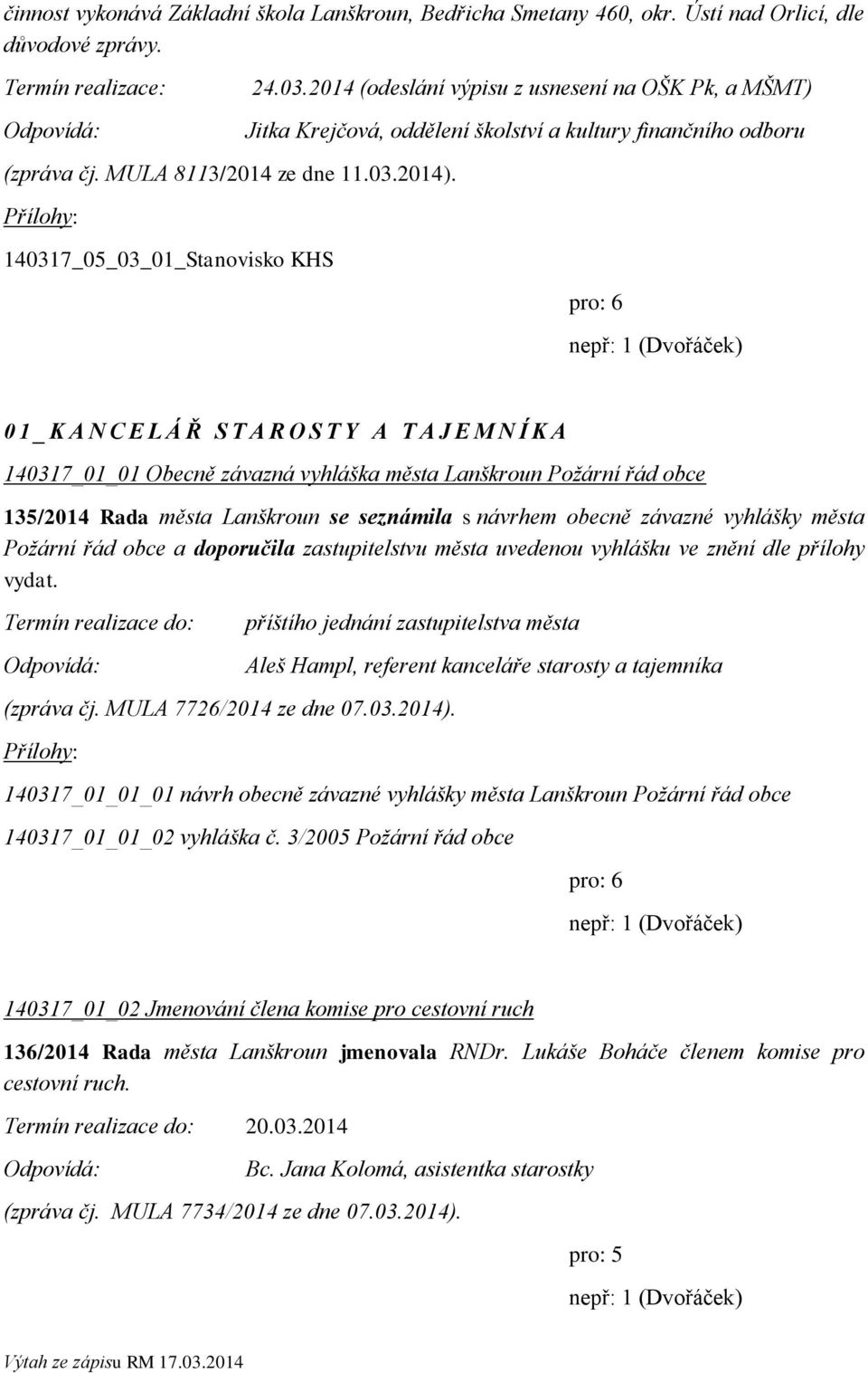 O S T Y A T A J E M N Í K A 140317_01_01 Obecně závazná vyhláška města Lanškroun Požární řád obce 135/2014 Rada města Lanškroun se seznámila s návrhem obecně závazné vyhlášky města Požární řád obce a