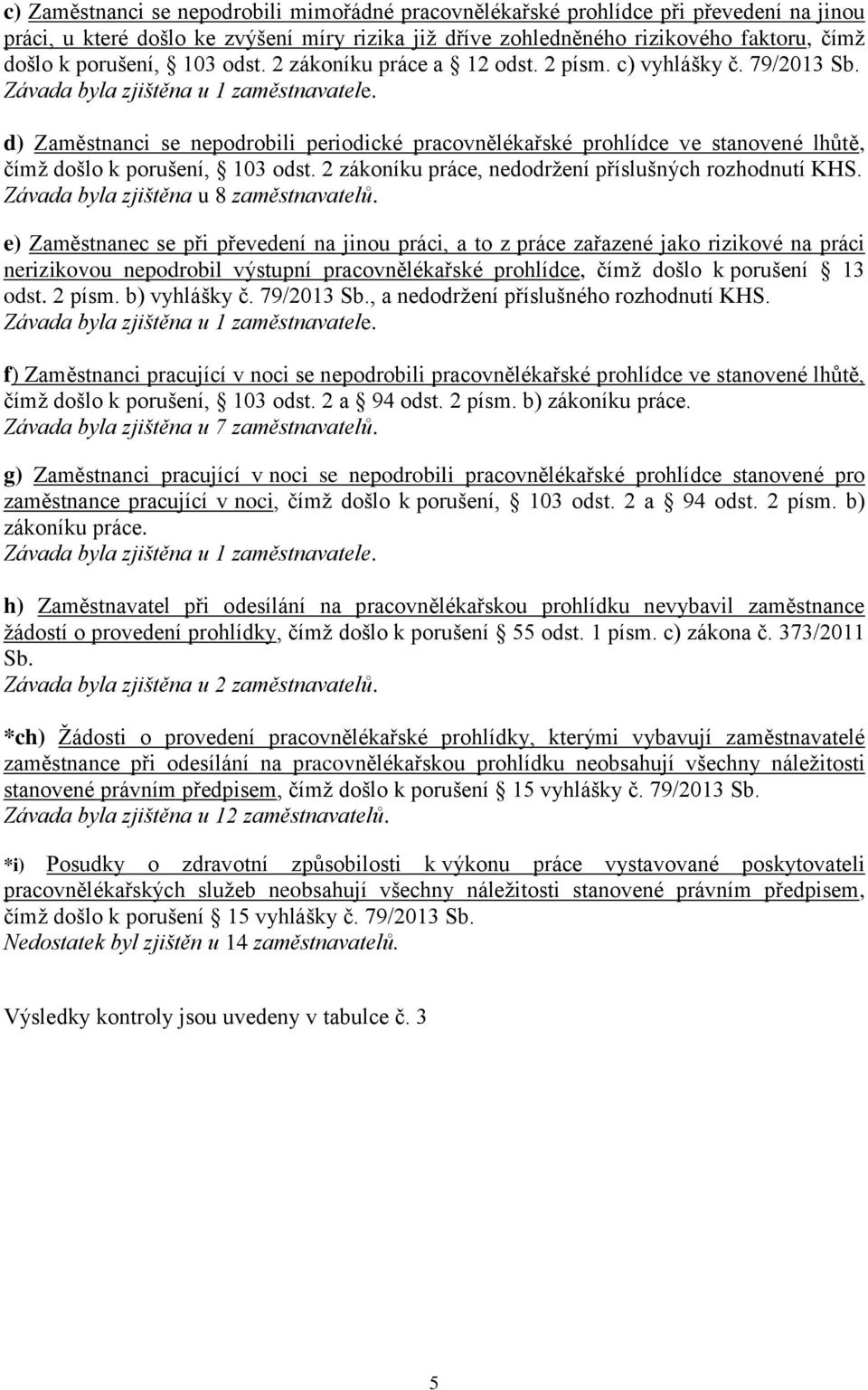 d) Zaměstnanci se nepodrobili periodické pracovnělékařské prohlídce ve stanovené lhůtě, čímž došlo k porušení, 103 odst. 2 zákoníku práce, nedodržení příslušných rozhodnutí KHS.