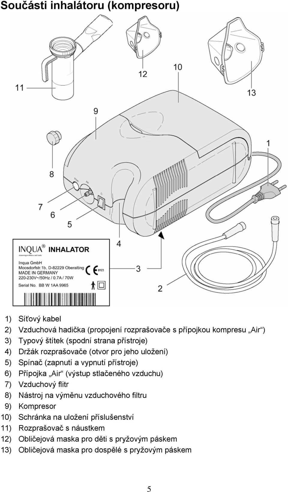 Air (výstup stlačeného vzduchu) 7) Vzduchový flitr 8) Nástroj na výměnu vzduchového filtru 9) Kompresor 10) Schránka na uložení