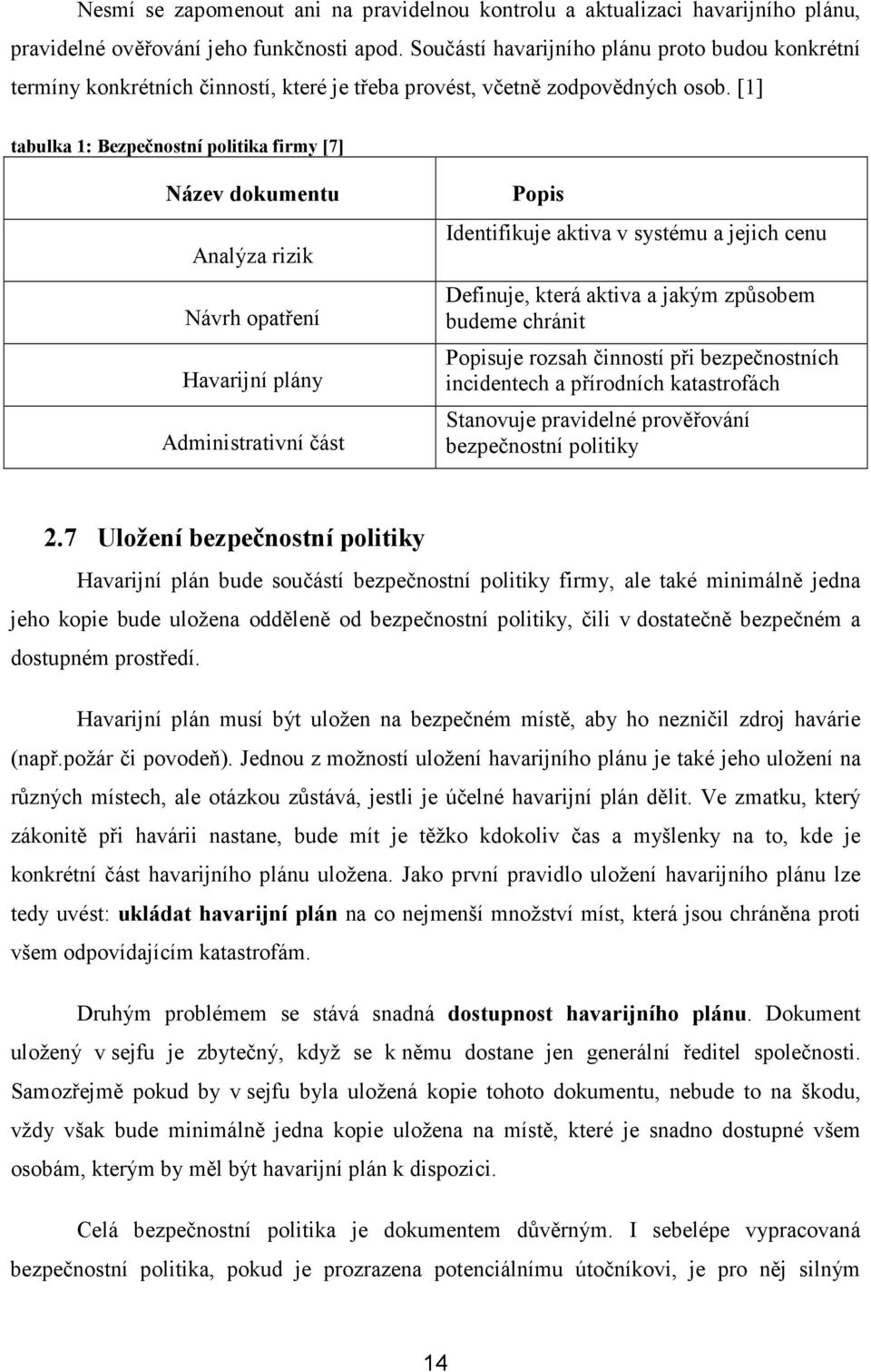 [1] tabulka 1: Bezpečnostní politika firmy [7] Název dokumentu Analýza rizik Návrh opatření Havarijní plány Administrativní část Popis Identifikuje aktiva v systému a jejich cenu Definuje, která