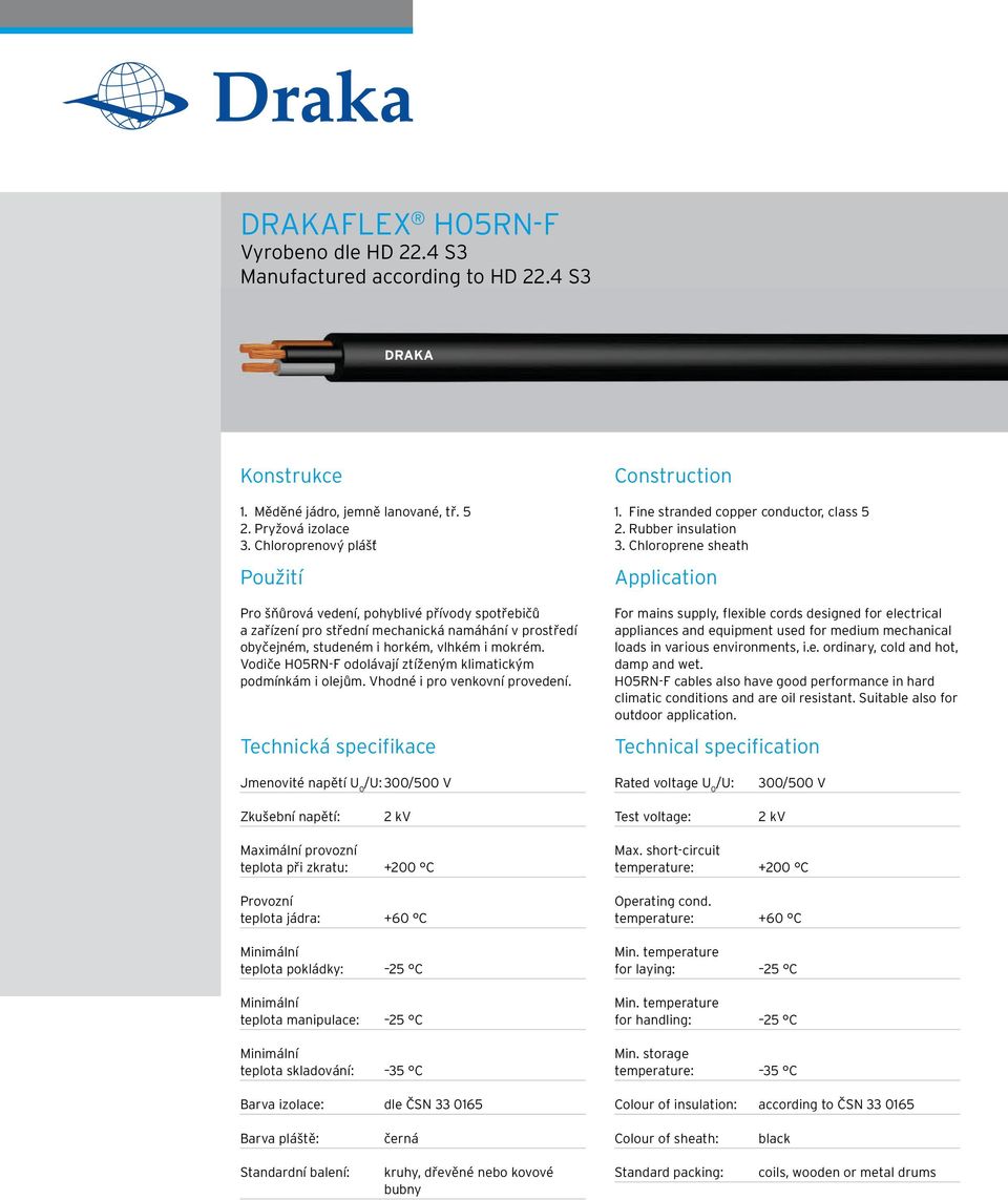Vodiče H05RN-F odolávají ztí eným klimatickým podmínkám i olejům. Vhodné i pro venkovní provedení. Technická specifikace Construction 1. Fine stranded copper conductor, class 5 2. Rubber insulation 3.