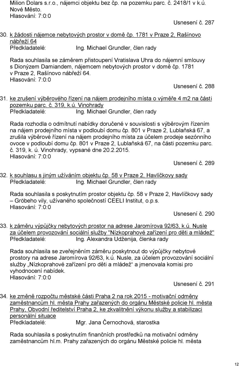 Michael Grundler, člen rady Rada souhlasila se záměrem přistoupení Vratislava Uhra do nájemní smlouvy s Dionýzem Damiandem, nájemcem nebytových prostor v domě čp. 1781 v Praze 2, Rašínovo nábřeží 64.