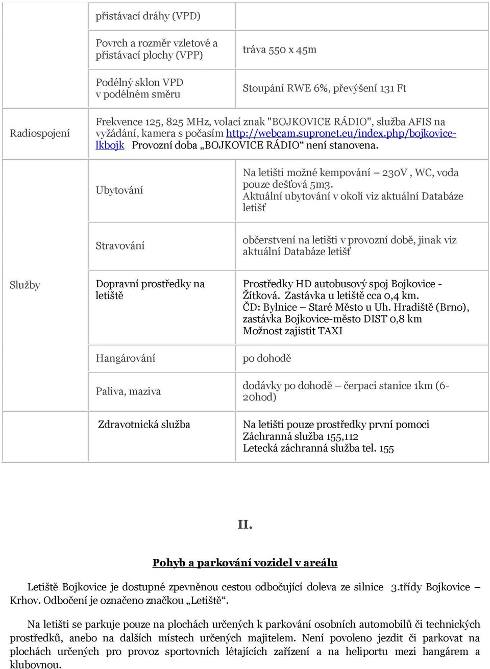 Ubytování Na letišti možné kempování 230V, WC, voda pouze dešťová 5m3.