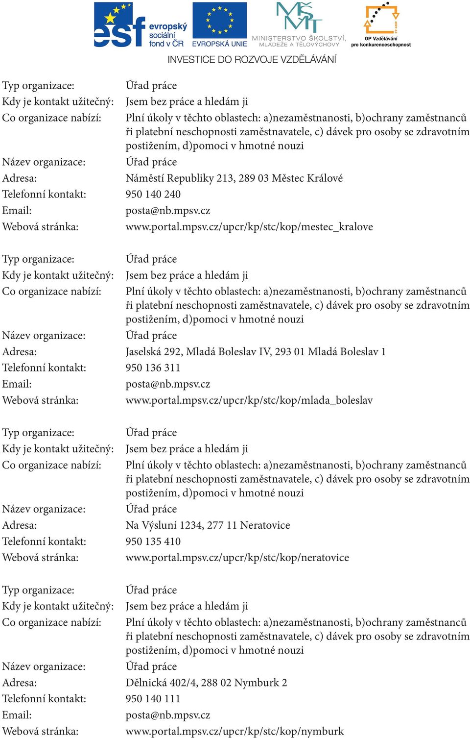 cz/upcr/kp/stc/kop/mestec_kralove Jaselská 292, Mladá Boleslav IV, 293 01 Mladá Boleslav 1 Telefonní kontakt: 950 136 311 posta@nb.