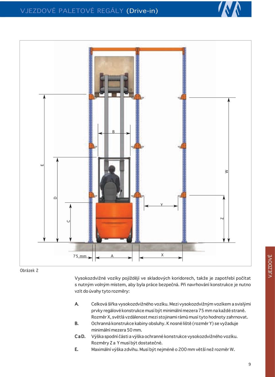 Mezi vysokozdvižným vozíkem a svislými prvky regálové konstrukce musí být minimální mezera 75 mm na každé straně. Rozměr X, světlá vzdálenost mezi stojinami rámů musí tyto hodnoty zahrnovat. B.