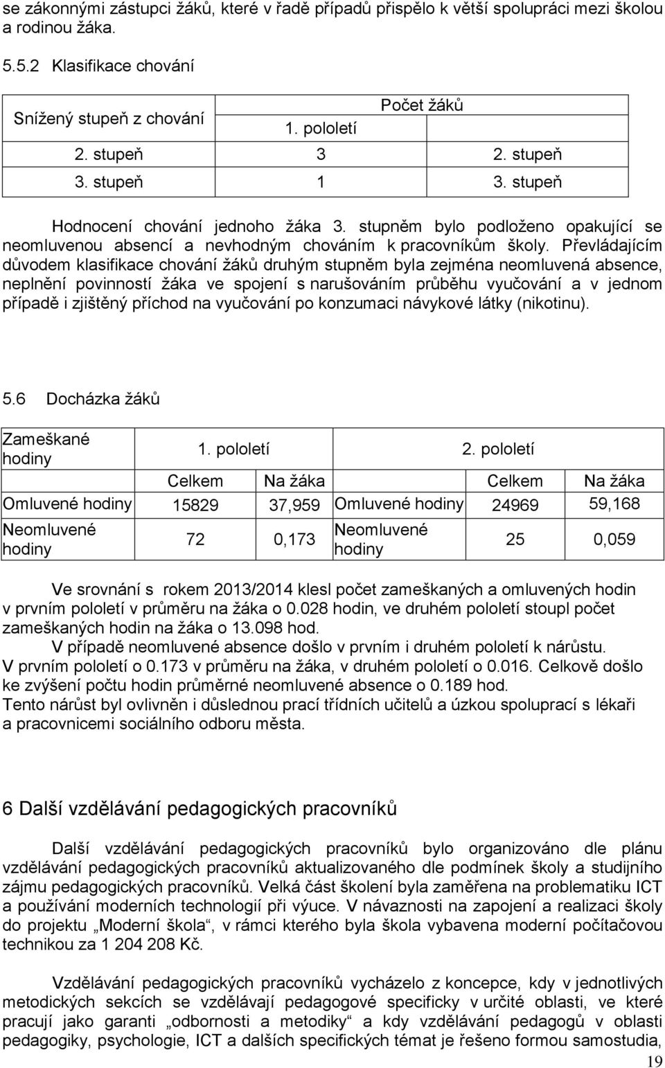 Převládajícím důvodem klasifikace chování žáků druhým stupněm byla zejména neomluvená absence, neplnění povinností žáka ve spojení s narušováním průběhu vyučování a v jednom případě i zjištěný