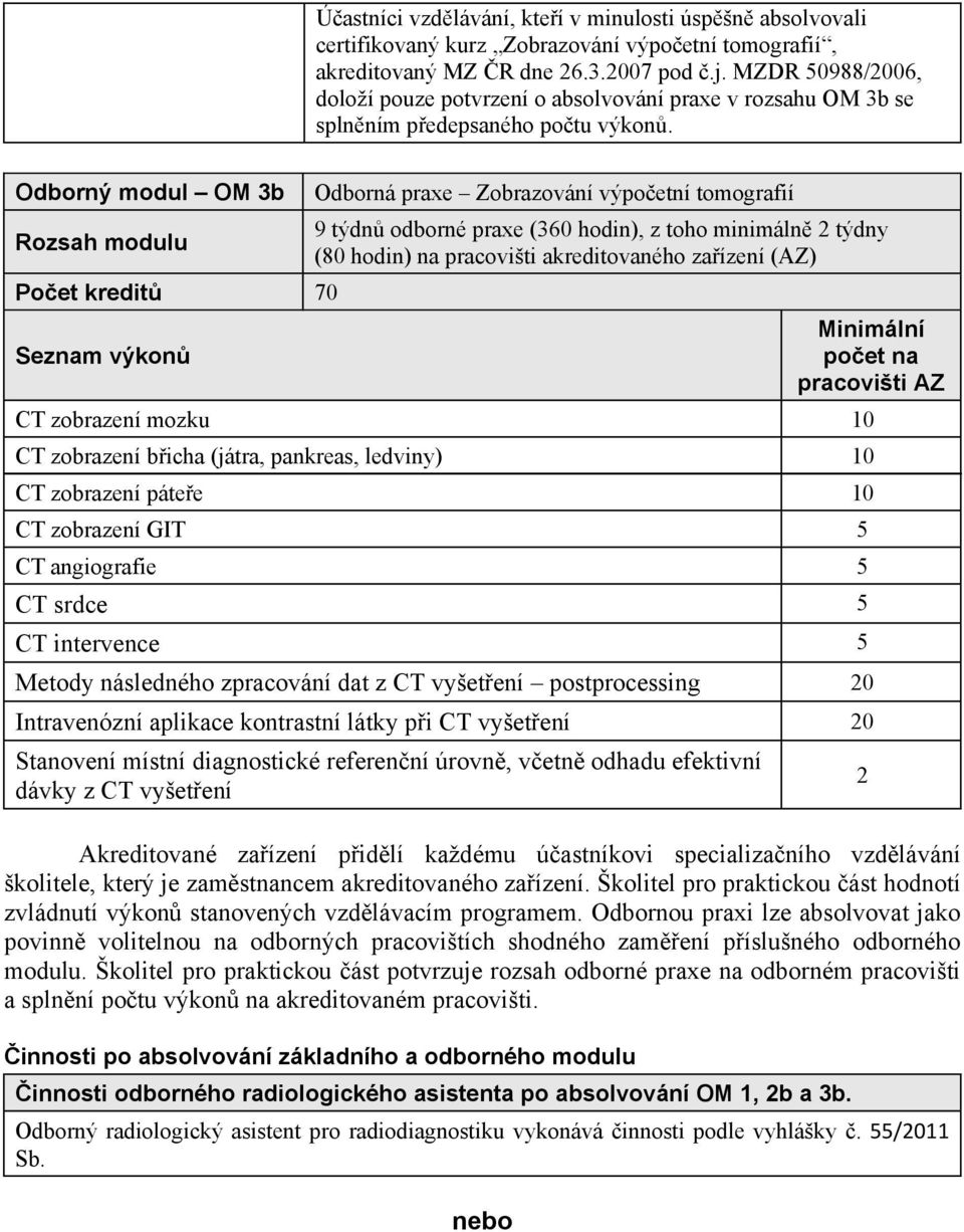 Odborný modul OM 3b Po et kredit 70 Seznam výkon Odborná praxe Zobrazování výpo etní tomografií 9 týdn odborné praxe (360 hodin), z toho minimáln 2 týdny (80 hodin) na pracovišti akreditovaného za